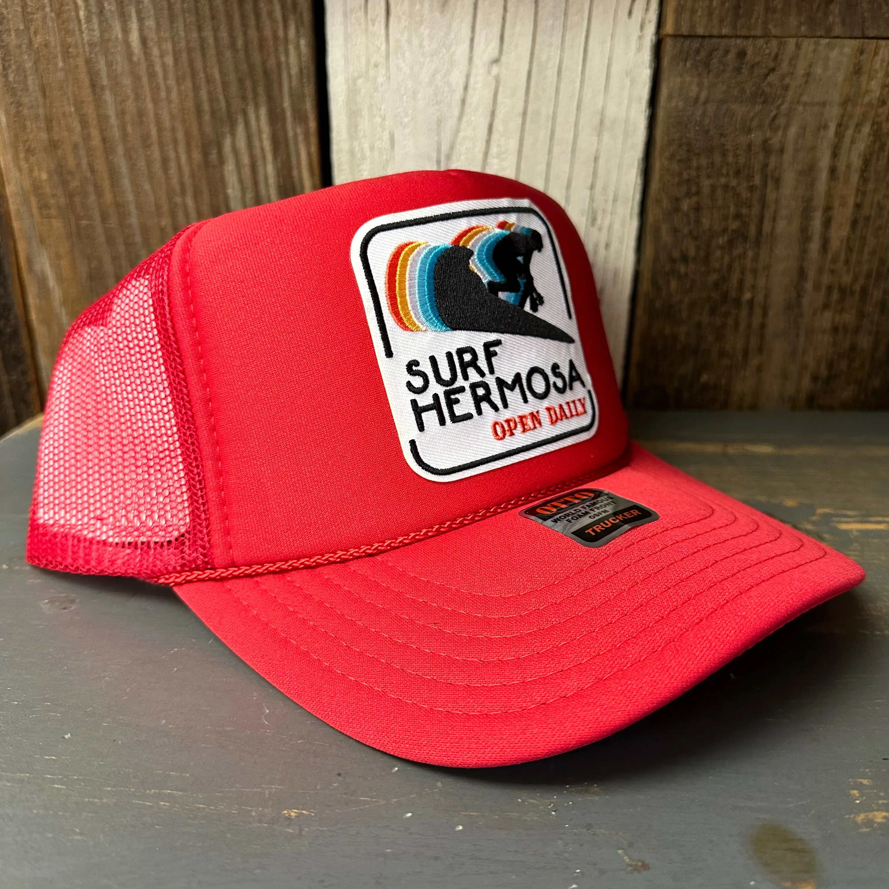 Hermosa Beach SURF HERMOSA :: OPEN DAILY Trucker Hat - Red