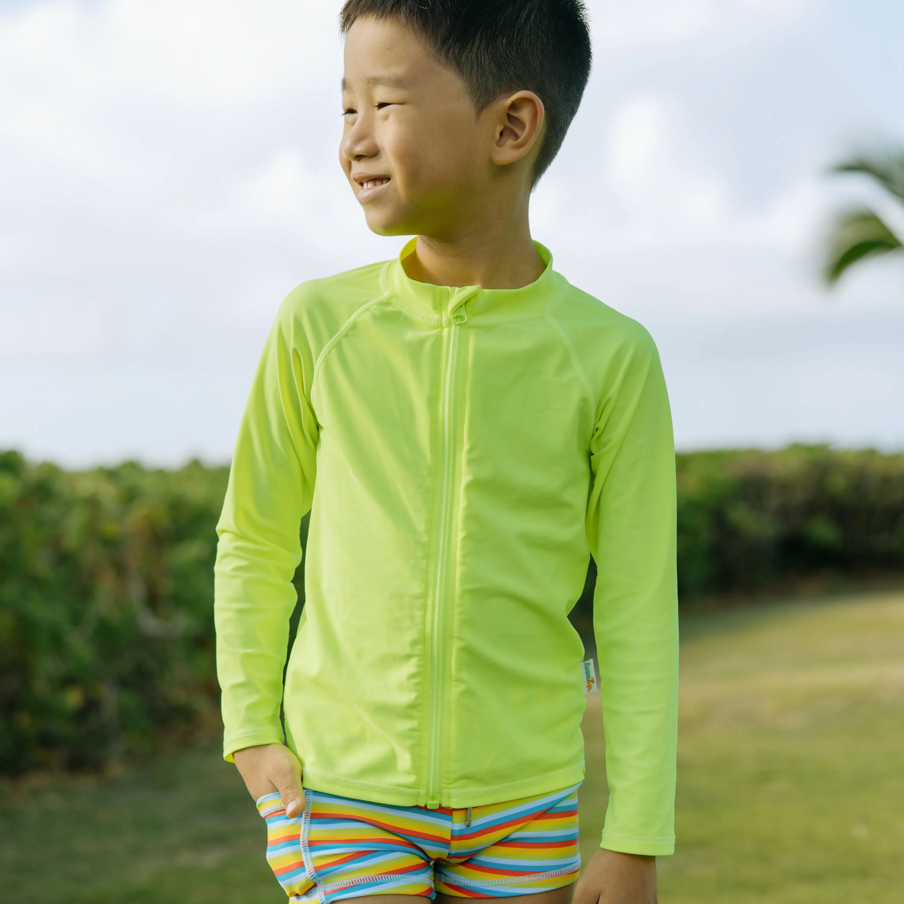 Kids UPF 50  Long Sleeve Zipper Rash Guard Swim Shirt | "Neon Yellow"