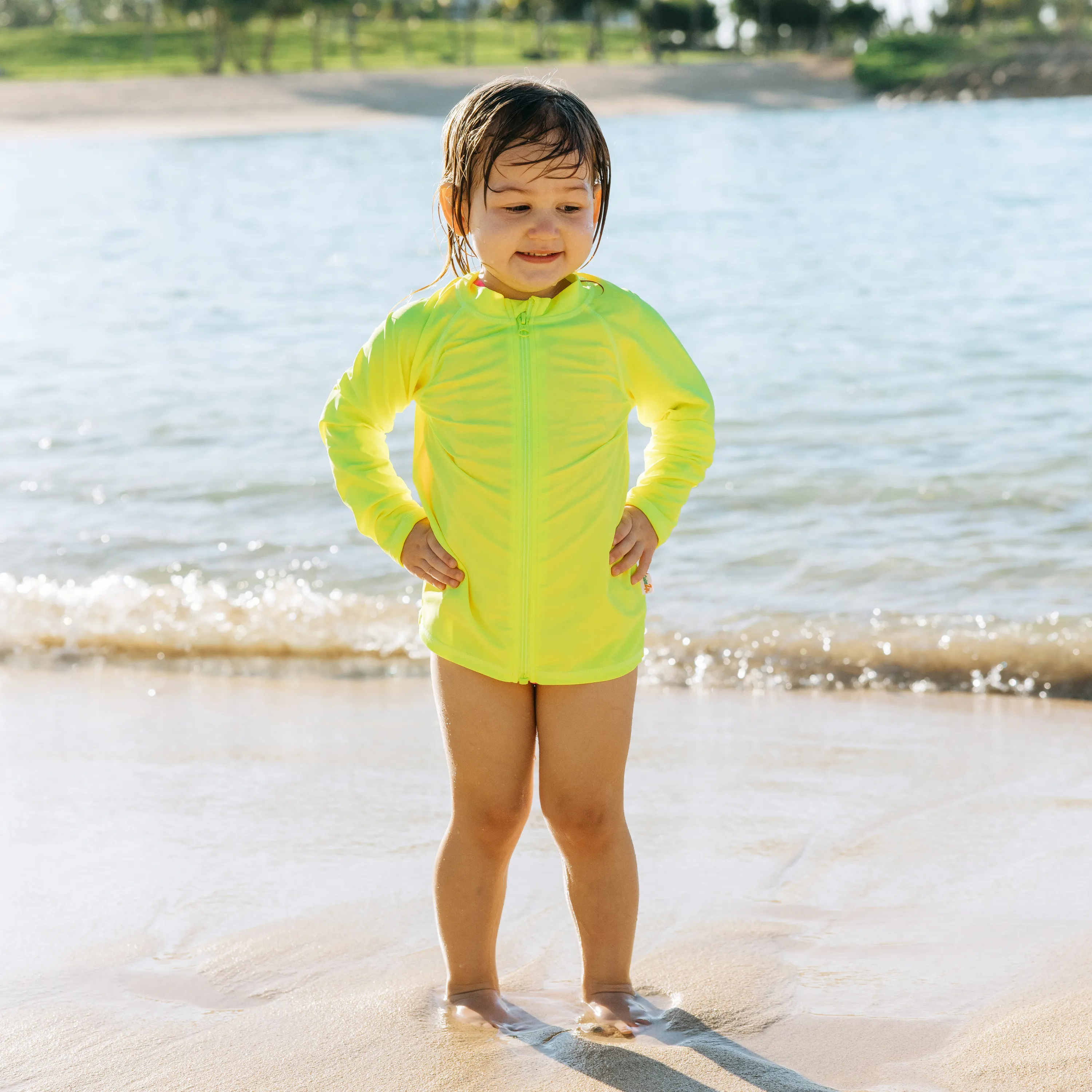 Kids UPF 50  Long Sleeve Zipper Rash Guard Swim Shirt | "Neon Yellow"