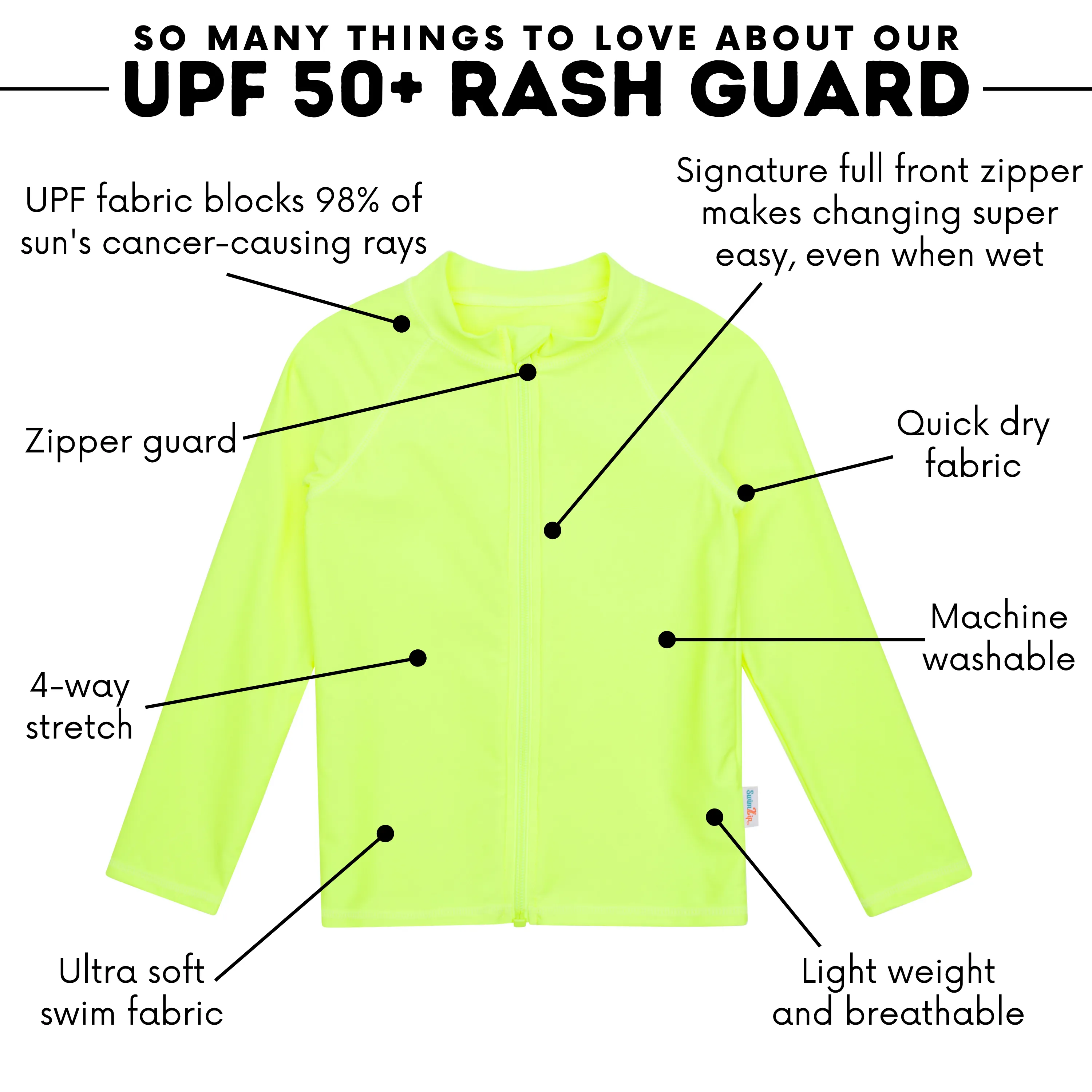 Kids UPF 50  Long Sleeve Zipper Rash Guard Swim Shirt | "Neon Yellow"