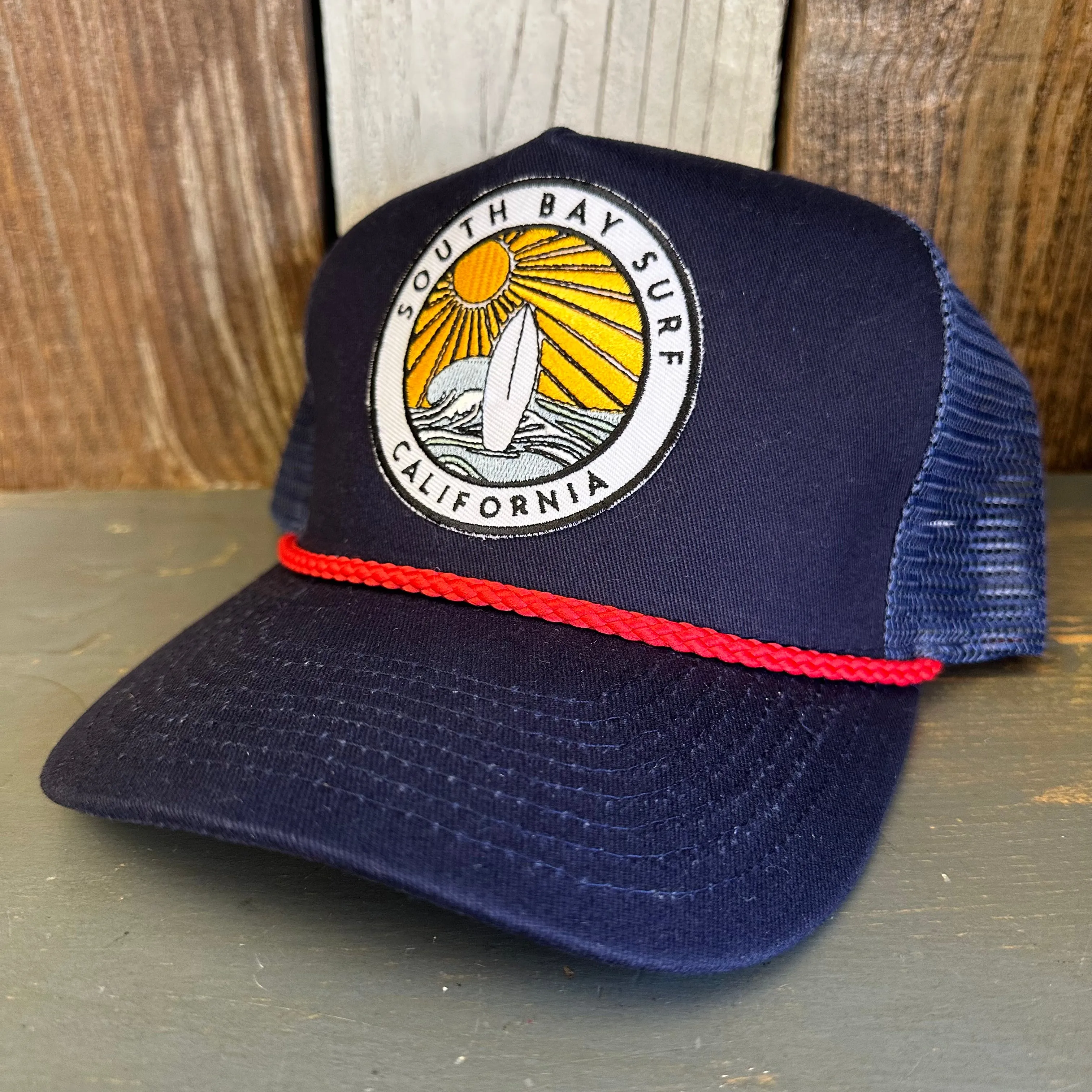 SOUTH BAY SURF (Multi Colored Patch) 5 panel Rope Trucker Cap - Navy/Red Braid (Curved Brim)