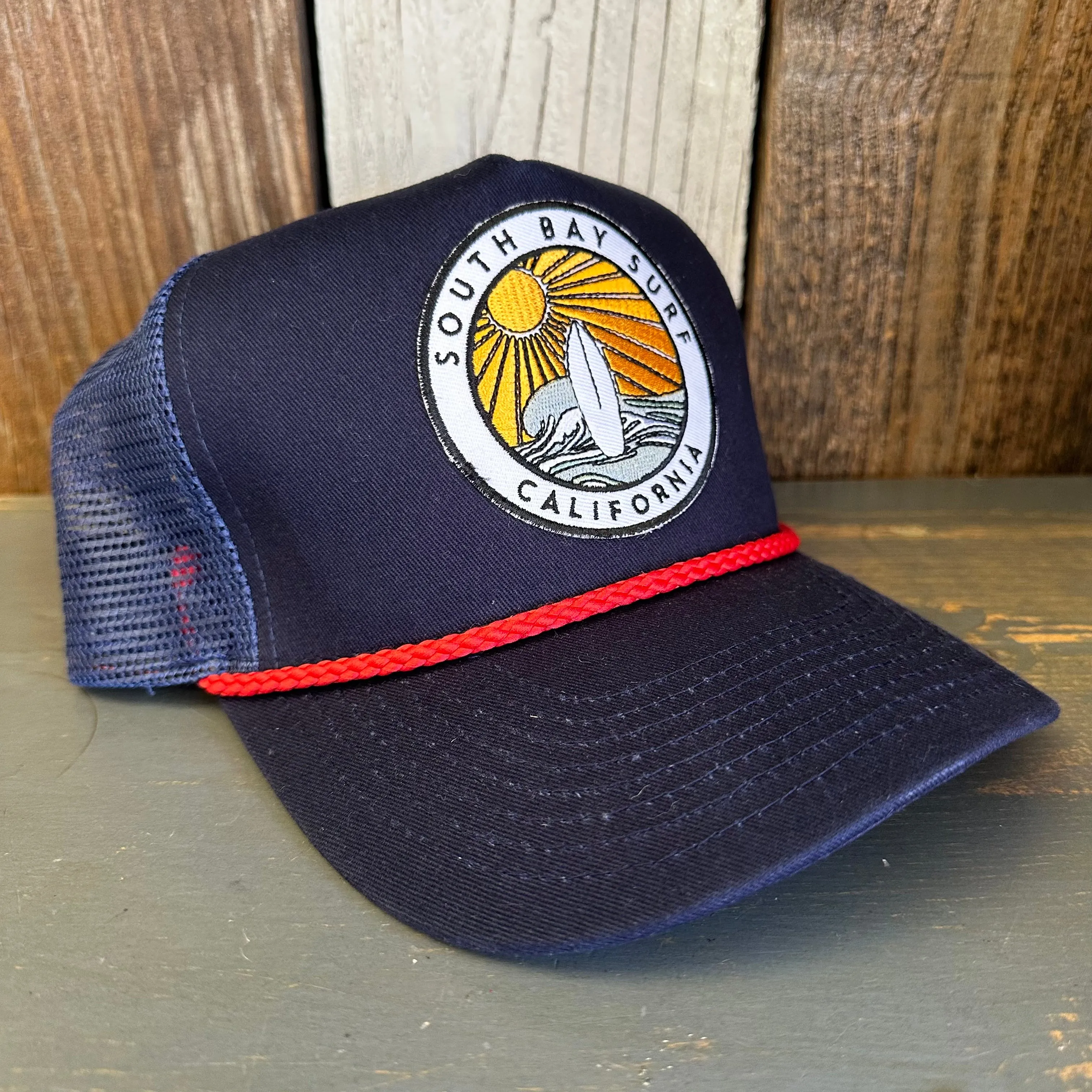 SOUTH BAY SURF (Multi Colored Patch) 5 panel Rope Trucker Cap - Navy/Red Braid (Curved Brim)